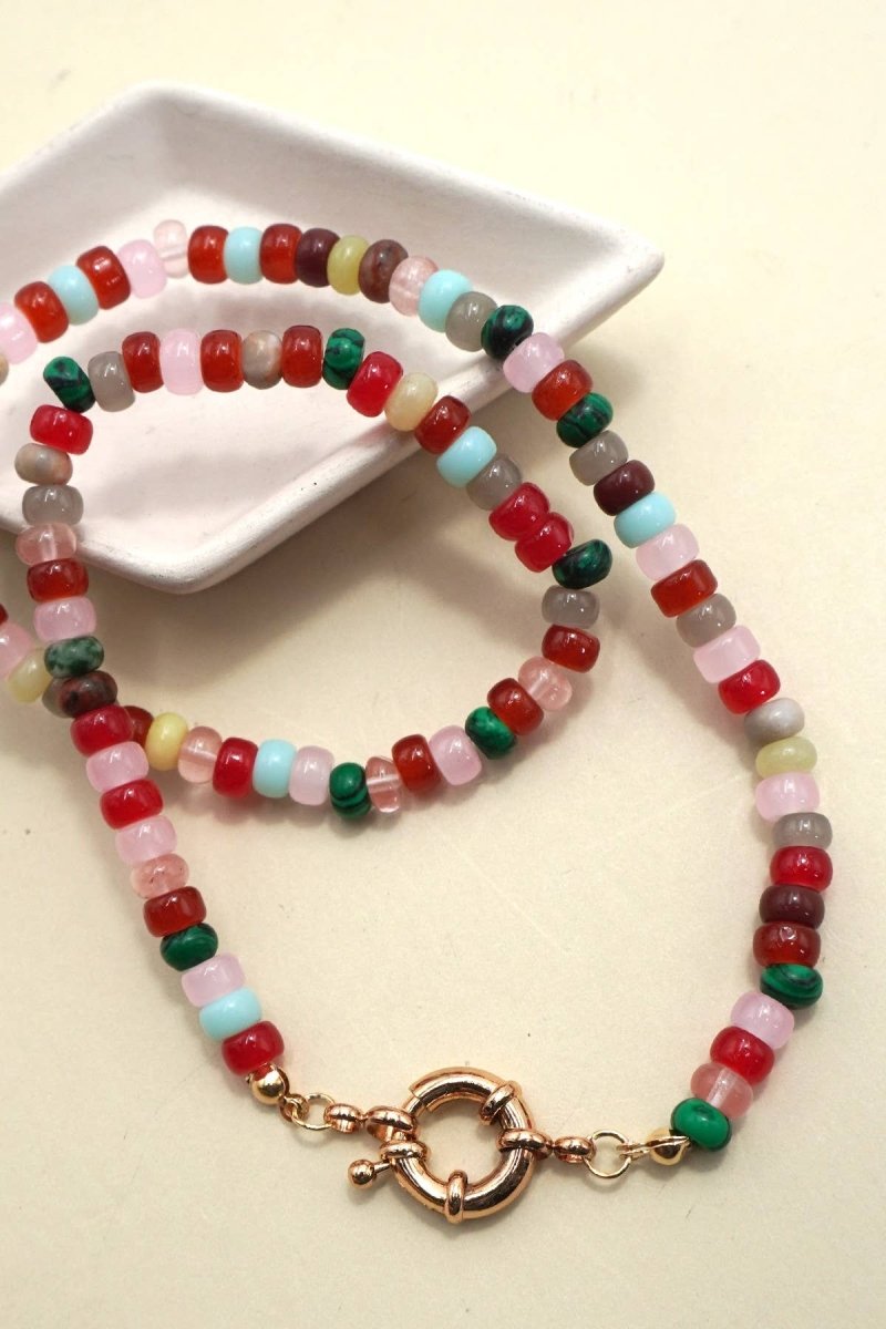 Natural stone charm necklace with spring clasp closure