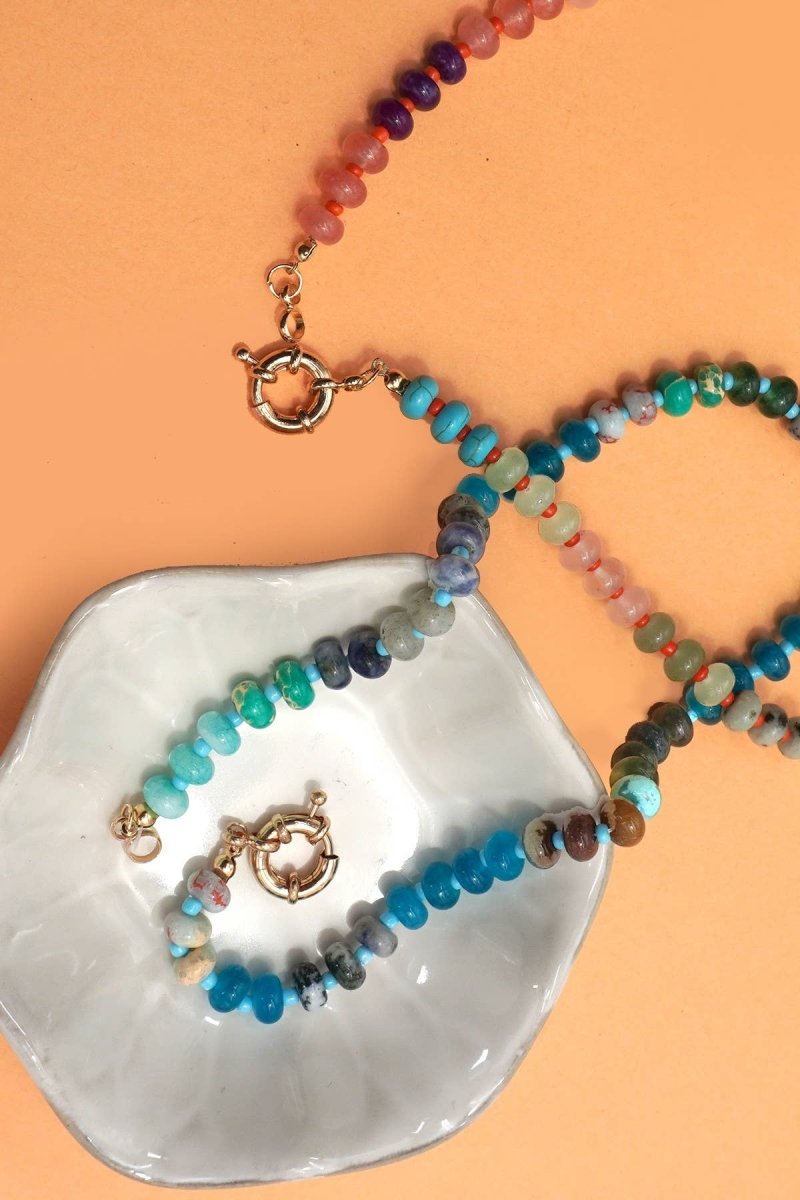 Natural stone charm necklace with spring clasp closure