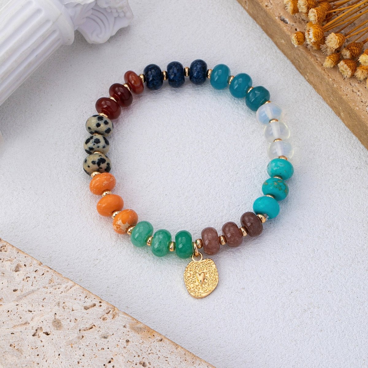 Natural stone heart charm stretch bracelet