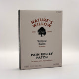 Box of Nature's Willow Willow Balm pain relief patches on a white background