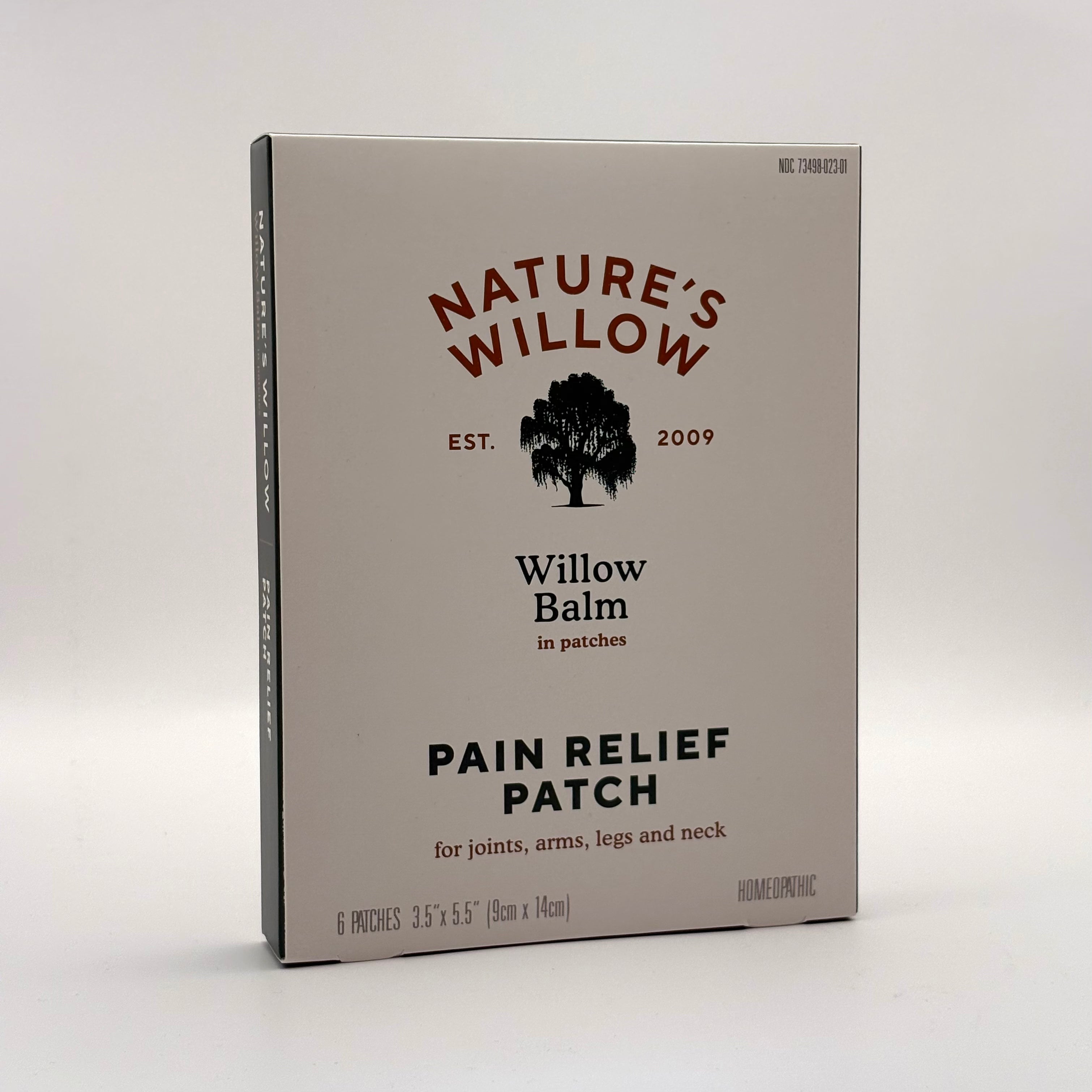 Box of Nature's Willow Willow Balm pain relief patches on a white background