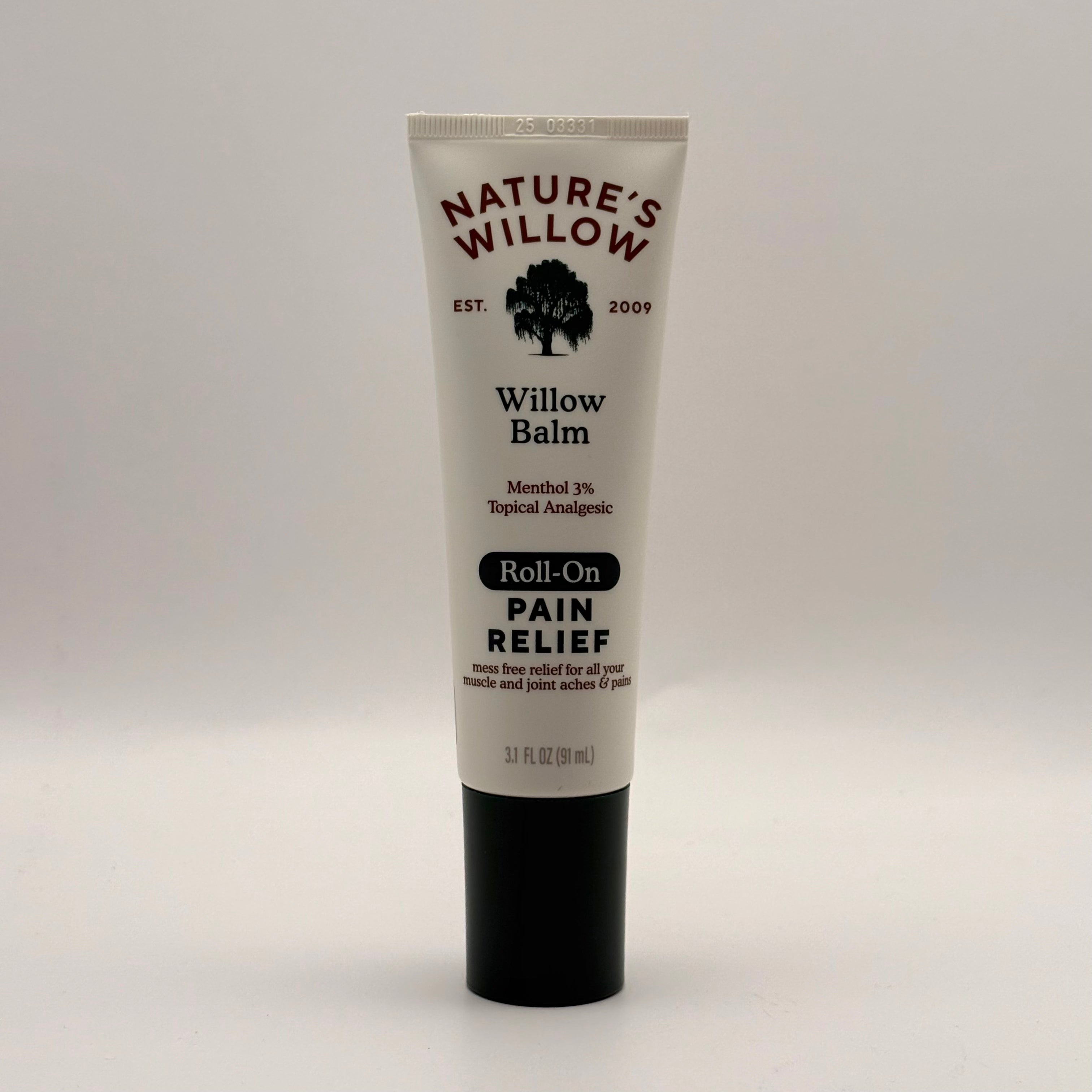 Nature's Willow Willow Balm roll-on pain relief product on a white background