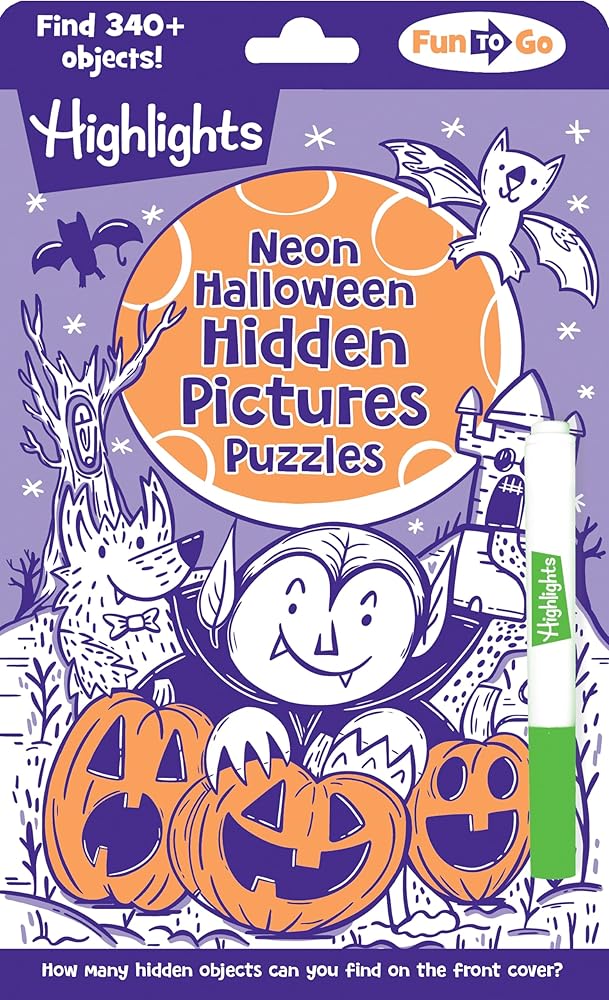 Neon Halloween Hidden Pictures Puzzles: Halloween Puzzle Book for Kids with Neon Hidden Pictures Scenes and Gel Marker, Perfect Halloween Gift and Travel Activity for Ages 69 (Highlights Fun to Go) cover image