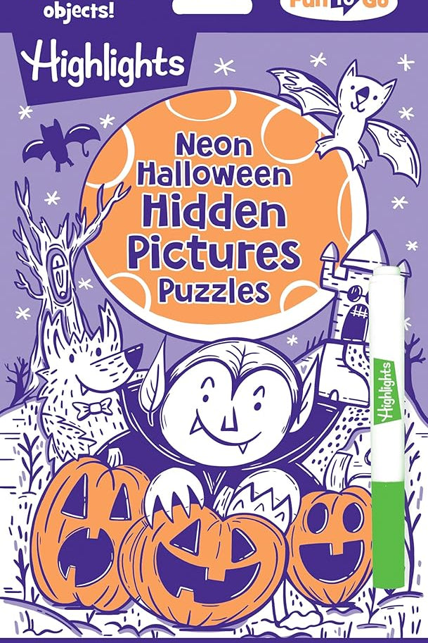 Neon Halloween Hidden Pictures Puzzles: Halloween Puzzle Book for Kids with Neon Hidden Pictures Scenes and Gel Marker, Perfect Halloween Gift and Travel Activity for Ages 69 (Highlights Fun to Go) cover image