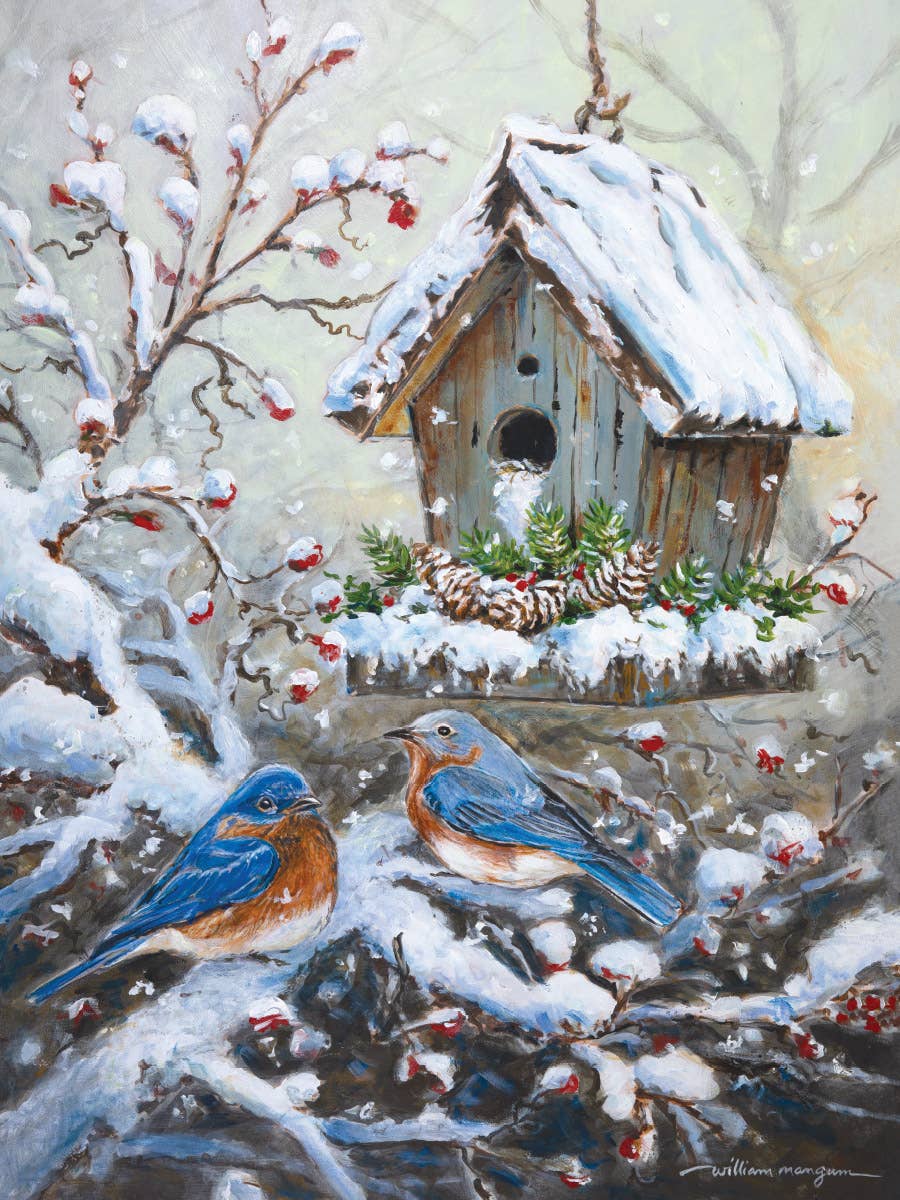 Jigsaw puzzle box for Nestled in Hope, featuring two bluebirds by a snowy birdhouse