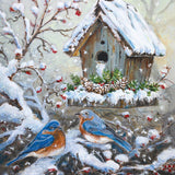 Jigsaw puzzle box for Nestled in Hope, featuring two bluebirds by a snowy birdhouse