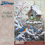 Jigsaw puzzle box for Nestled in Hope, featuring two bluebirds by a snowy birdhouse