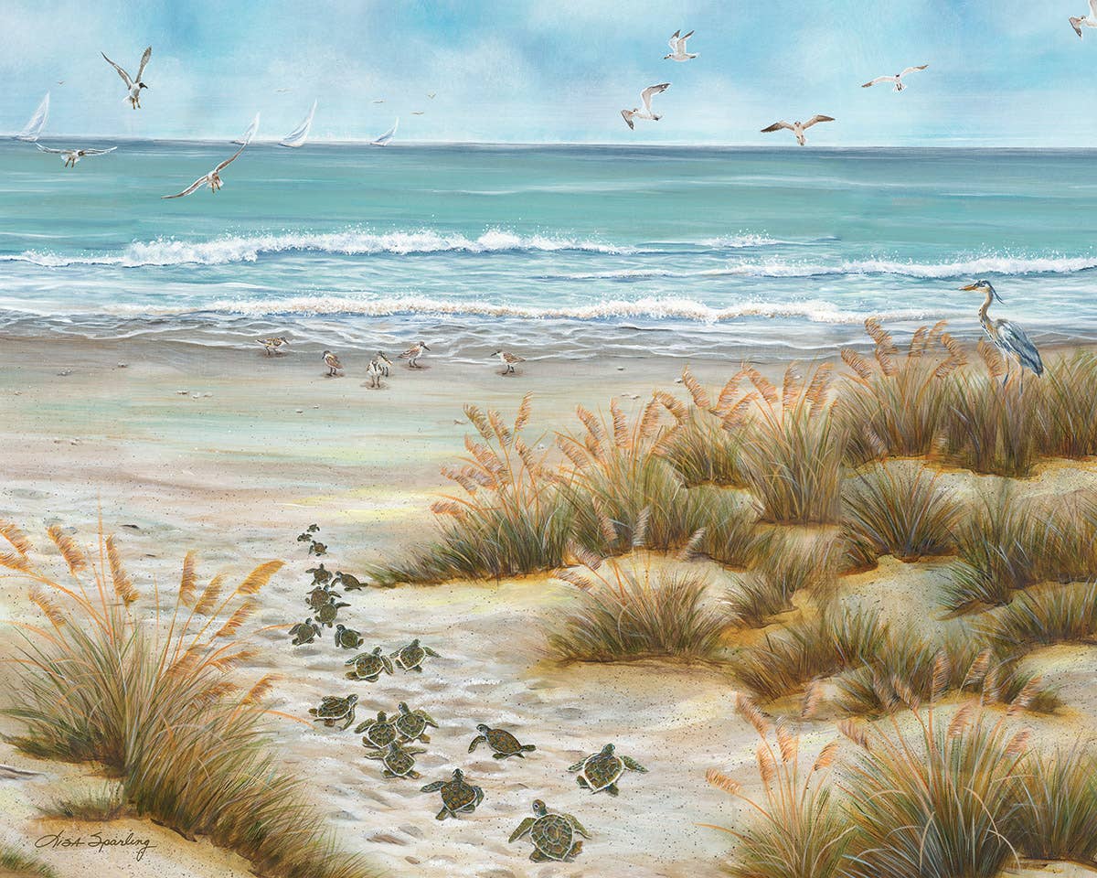 Jigsaw puzzle box for Ocean Bound, featuring baby sea turtles heading to the ocean