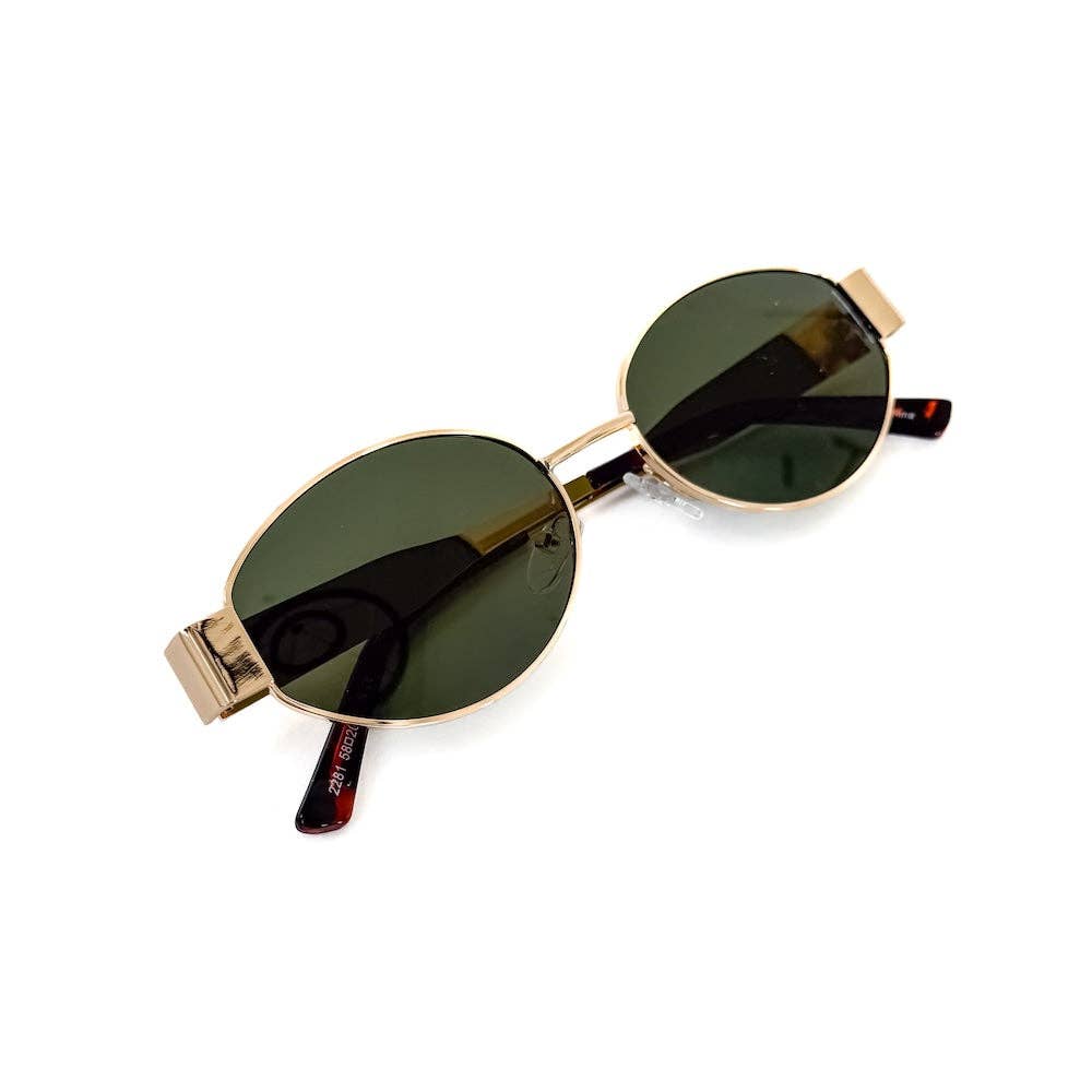 Oval sunglasses with a gold frame and brown lenses
