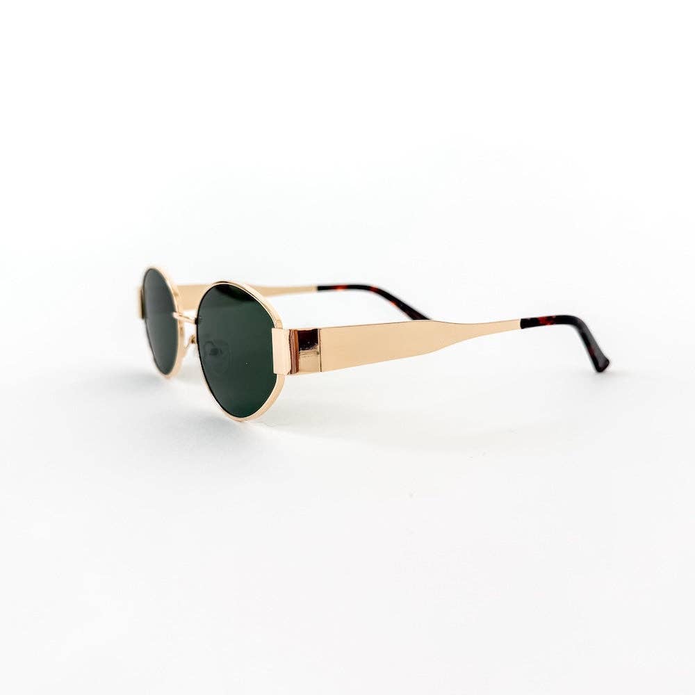 Oval sunglasses with a gold frame and brown lenses