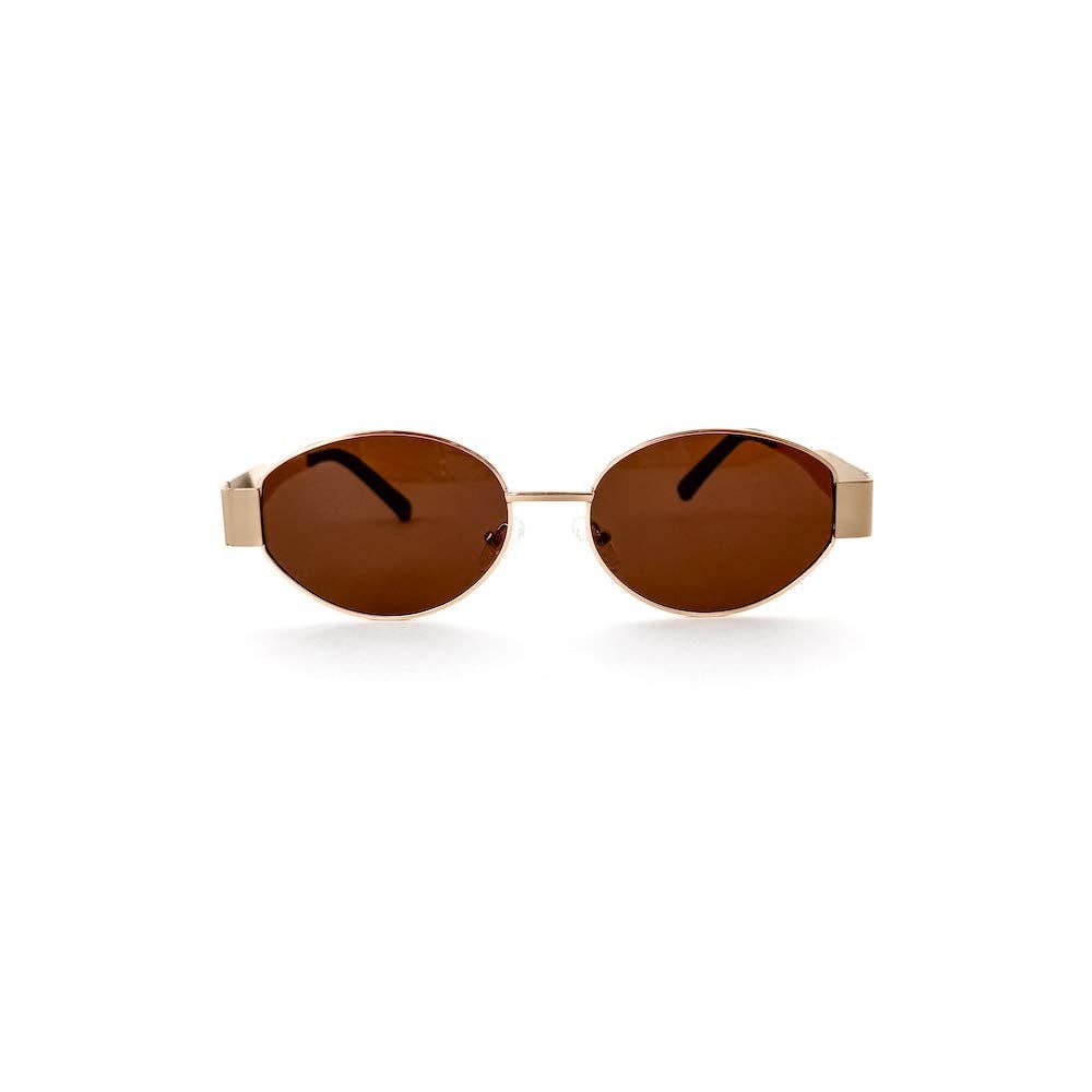 Oval sunglasses with a gold frame and brown lenses