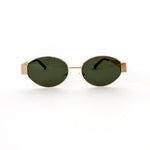 Oval sunglasses with a gold frame and brown lenses