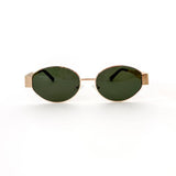 Oval sunglasses with a gold frame and brown lenses