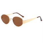 Oval sunglasses with a gold frame and brown lenses