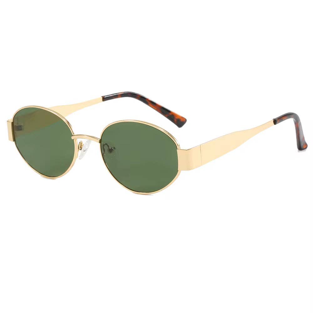 Oval sunglasses with a gold frame and brown lenses