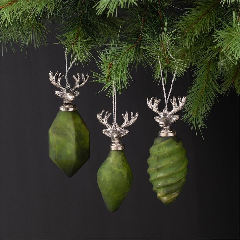 Ornament - Green and Silver Glass Deer Heads - Pages & Parcels