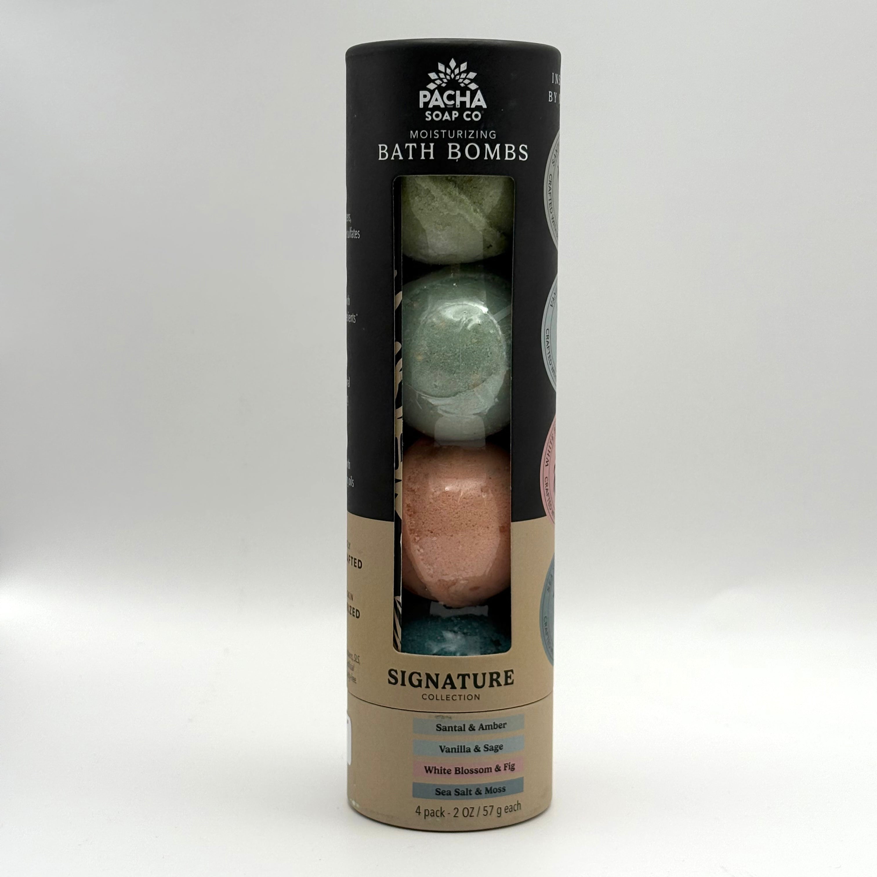 Pacha Soap Co signature bath bombs in a cylindrical packaging on a white background