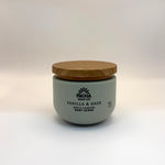 Jar of Pacha Soap Co Vanilla & Sage body scrub with wooden lid on a white background
