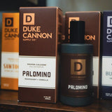 Duke Cannon Palomino cologne bottle and packaging on a shelf