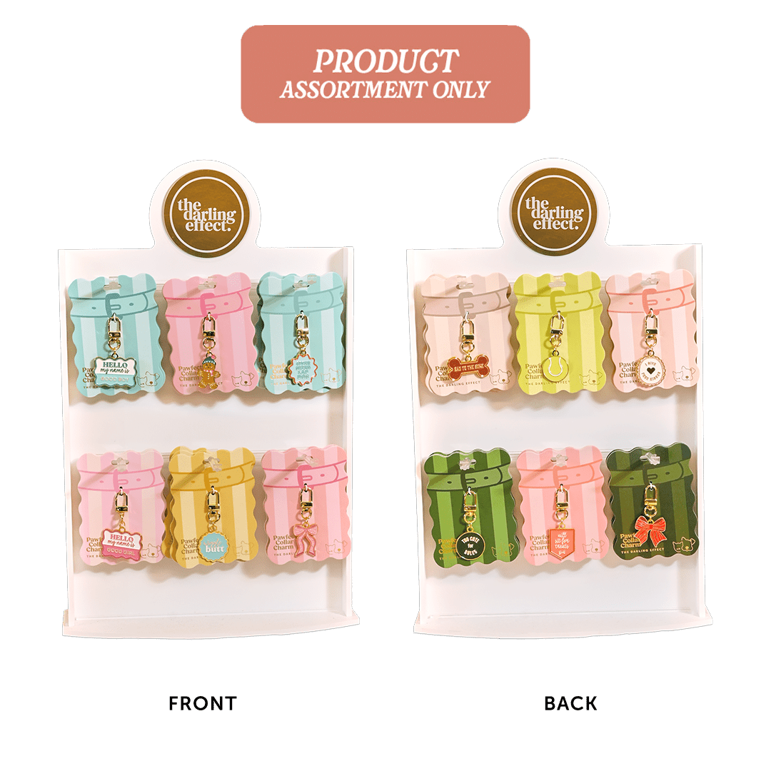 An assortment of six small zippered pouches or charms displayed on two white backing cards labeled FRONT and BACK, with a pink banner at the top reading PRODUCT ASSORTMENT ONLY. The items come in pastel and bright colors including pink, blue, yellow, green, and orange, each with a small gold-tone charm attached.