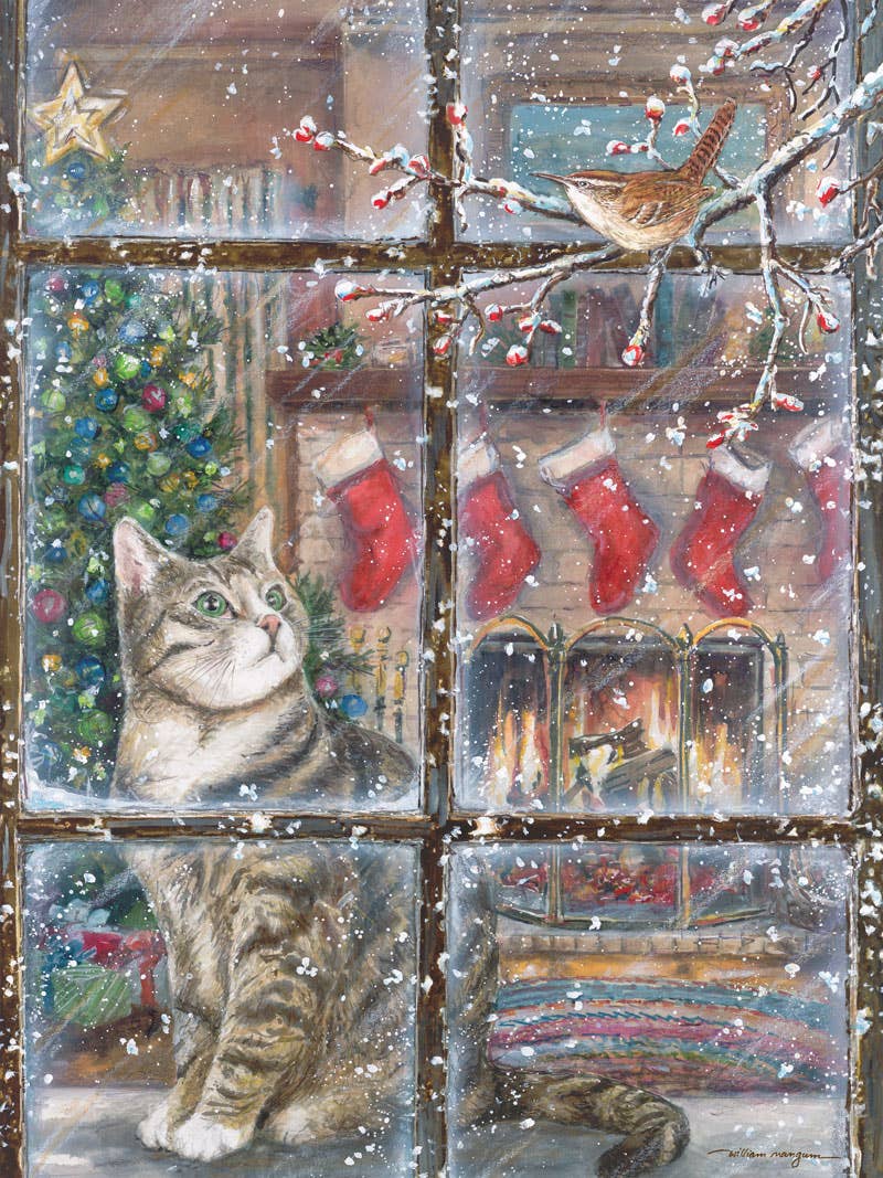 Jigsaw puzzle box for Peek-A-Boo, featuring a cat and bird playing peek-a-boo by a window