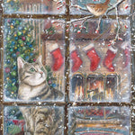 Jigsaw puzzle box for Peek-A-Boo, featuring a cat and bird playing peek-a-boo by a window