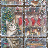 Jigsaw puzzle box for Peek-A-Boo, featuring a cat and bird playing peek-a-boo by a window
