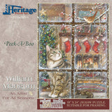 Jigsaw puzzle box for Peek-A-Boo, featuring a cat and bird playing peek-a-boo by a window