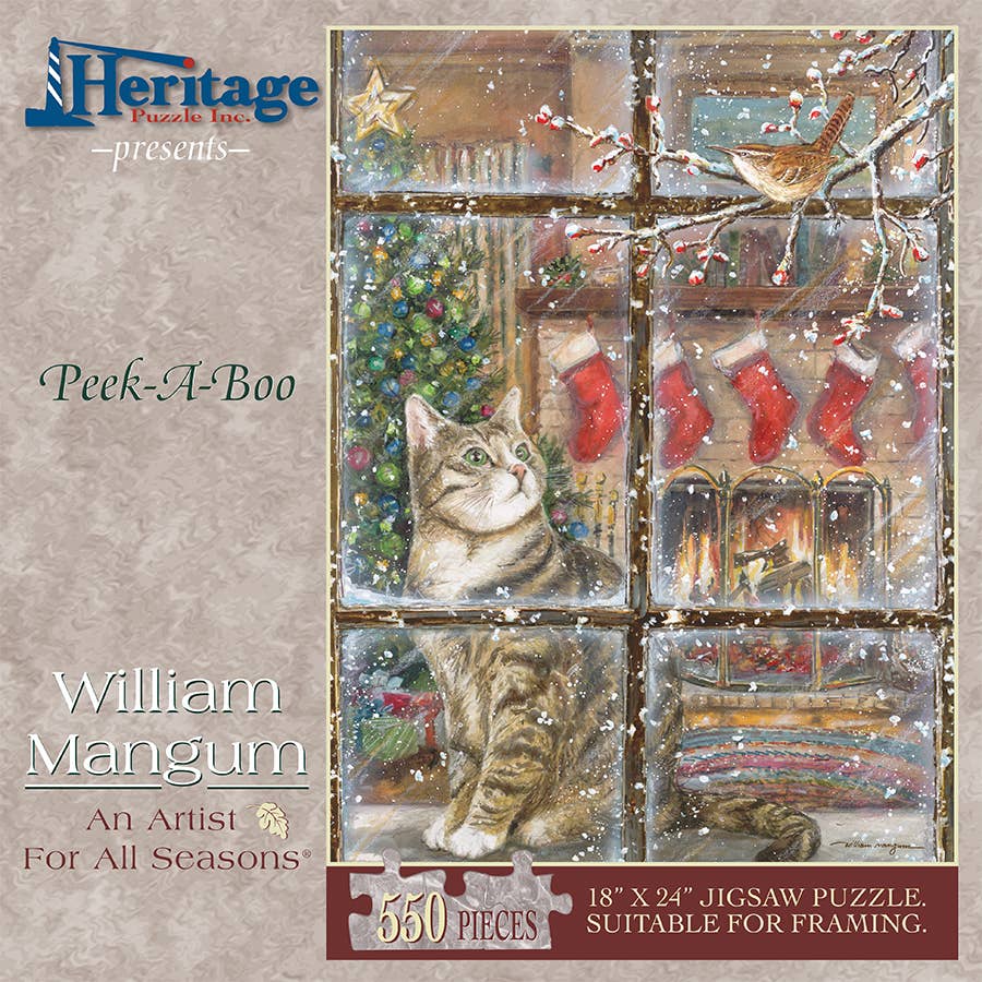 Jigsaw puzzle box for Peek-A-Boo, featuring a cat and bird playing peek-a-boo by a window