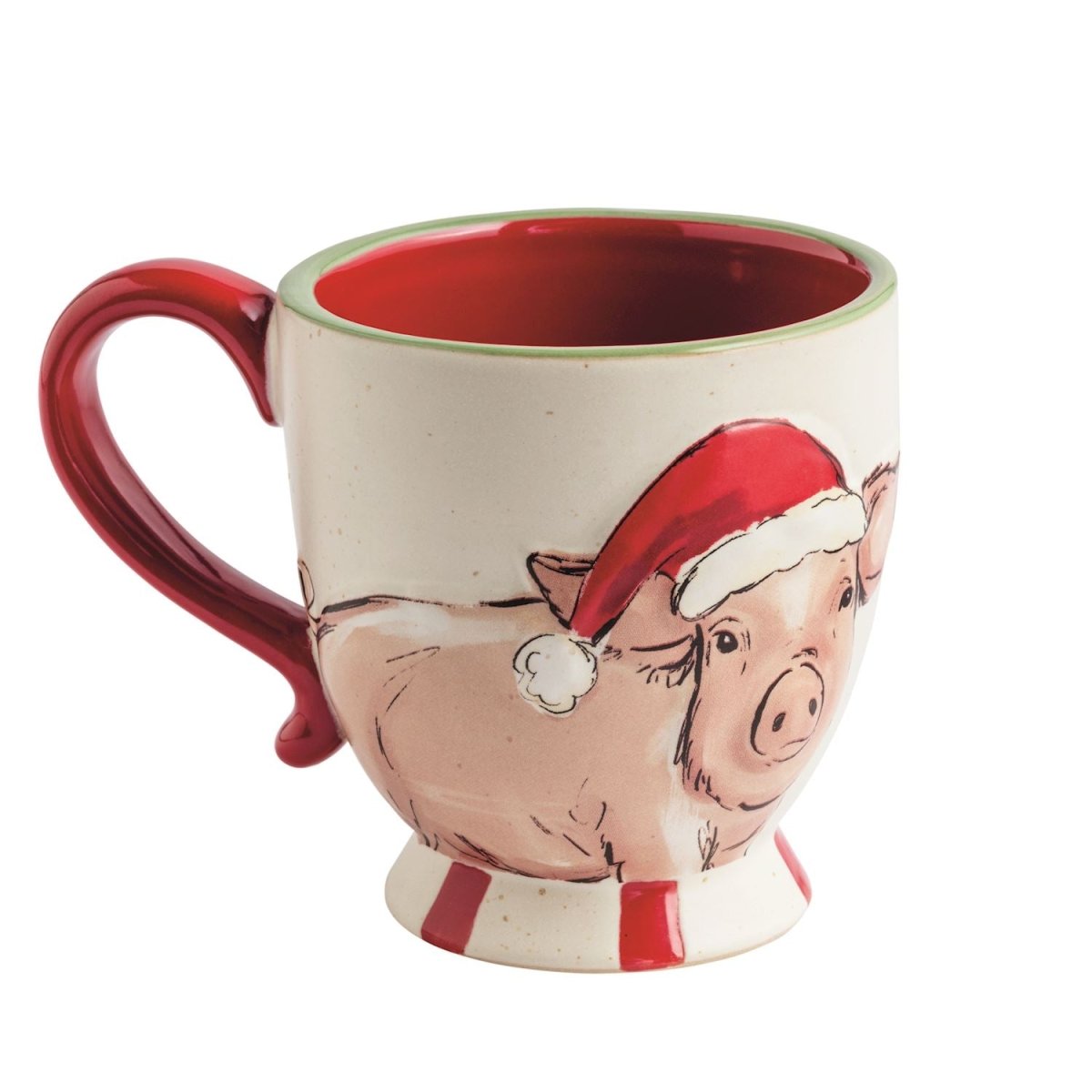 Hand-painted speckled stoneware mug with a raised pig design and pedestal base