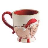 Hand-painted speckled stoneware mug with a raised pig design and pedestal base
