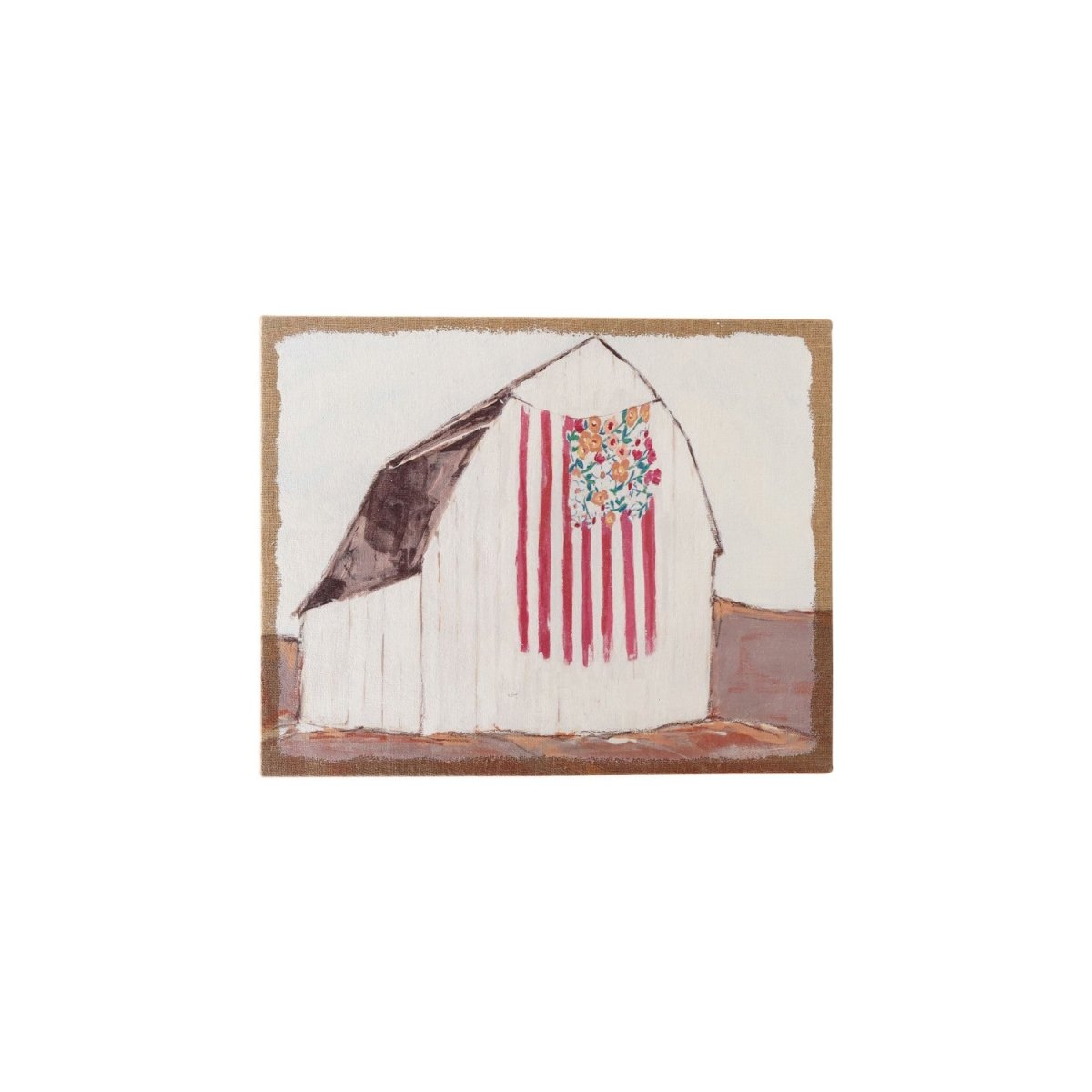 Plastered Burlap Wall Decor with Barn, Flag & Flowers ©