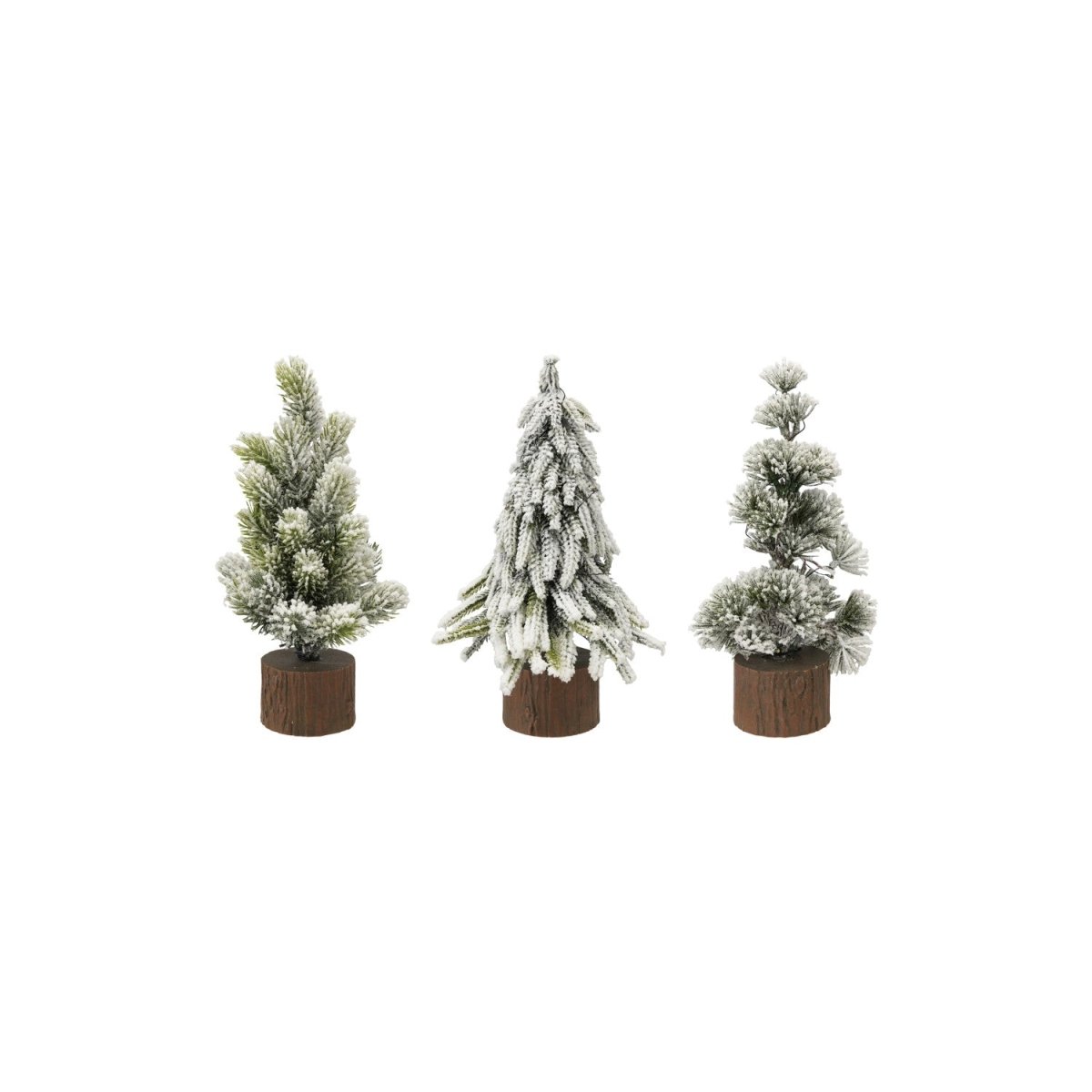 A plastic Christmas tree with a snow finish, LED lighting, and a faux wood slice base, one of three styles