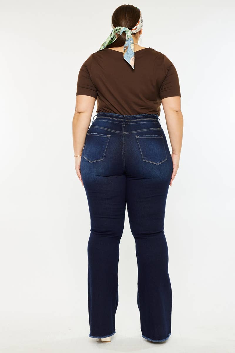 PLUS HIGH RISE DOUBLE WB DETAIL FRAY HEM FLARE JEANS DARK WASH | Kan Can - Pages & Parcels