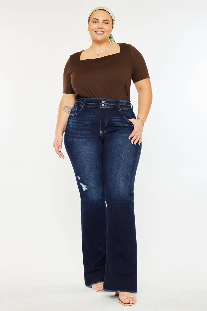 PLUS HIGH RISE DOUBLE WB DETAIL FRAY HEM FLARE JEANS DARK WASH | Kan Can - Pages & Parcels