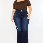 PLUS HIGH RISE DOUBLE WB DETAIL FRAY HEM FLARE JEANS DARK WASH | Kan Can - Pages & Parcels