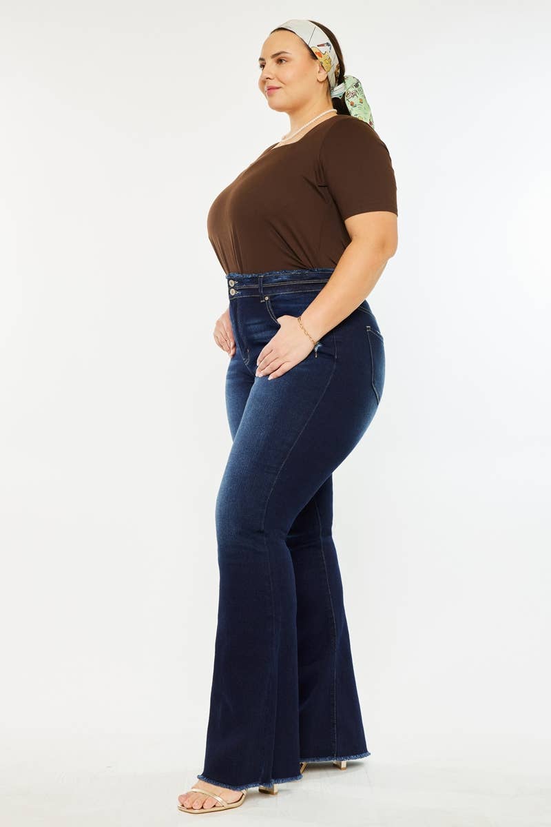PLUS HIGH RISE DOUBLE WB DETAIL FRAY HEM FLARE JEANS DARK WASH | Kan Can - Pages & Parcels