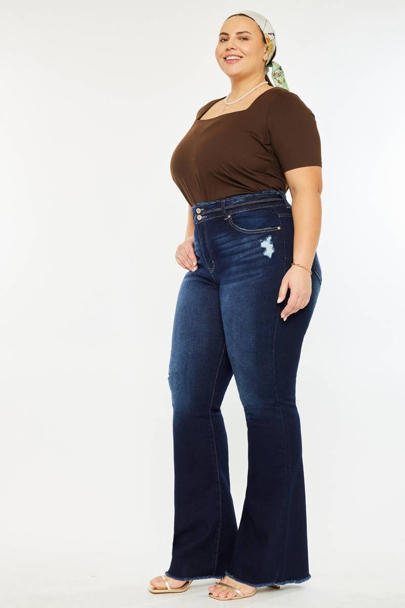 PLUS HIGH RISE DOUBLE WB DETAIL FRAY HEM FLARE JEANS DARK WASH | Kan Can - Pages & Parcels