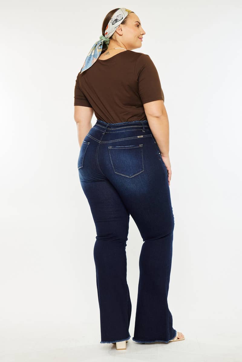 PLUS HIGH RISE DOUBLE WB DETAIL FRAY HEM FLARE JEANS DARK WASH | Kan Can - Pages & Parcels