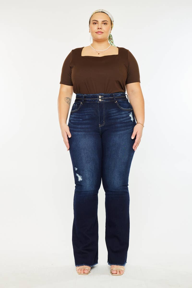 PLUS HIGH RISE DOUBLE WB DETAIL FRAY HEM FLARE JEANS DARK WASH | Kan Can - Pages & Parcels