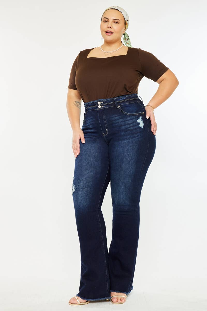 PLUS HIGH RISE DOUBLE WB DETAIL FRAY HEM FLARE JEANS DARK WASH | Kan Can - Pages & Parcels
