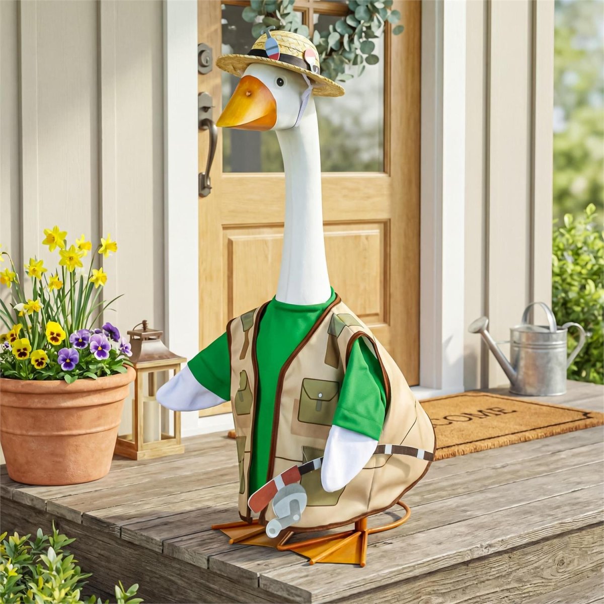 Porch goose statue dressed in a seasonal outfit