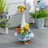 Porch goose statue dressed in a seasonal outfit