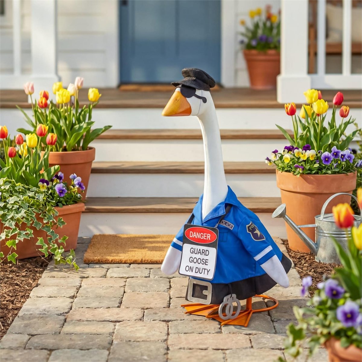 Porch goose statue dressed in a seasonal outfit