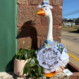 Porch goose in a hydrangea hat outfit