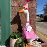 Porch goose in a birthday girl outfit