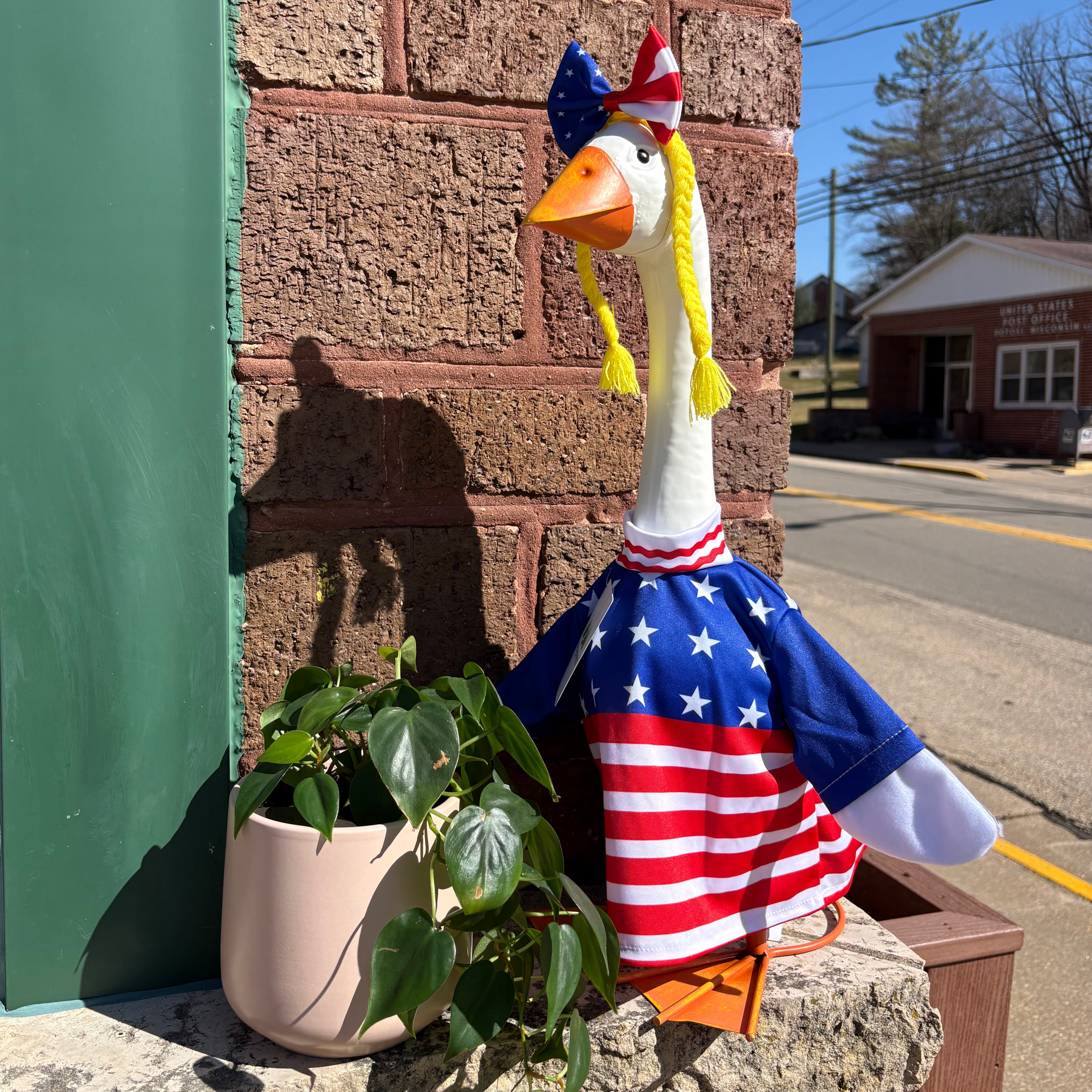 Porch goose in a patriotic dress outfit