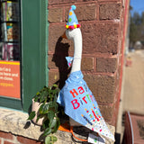 Porch goose in a birthday boy outfit