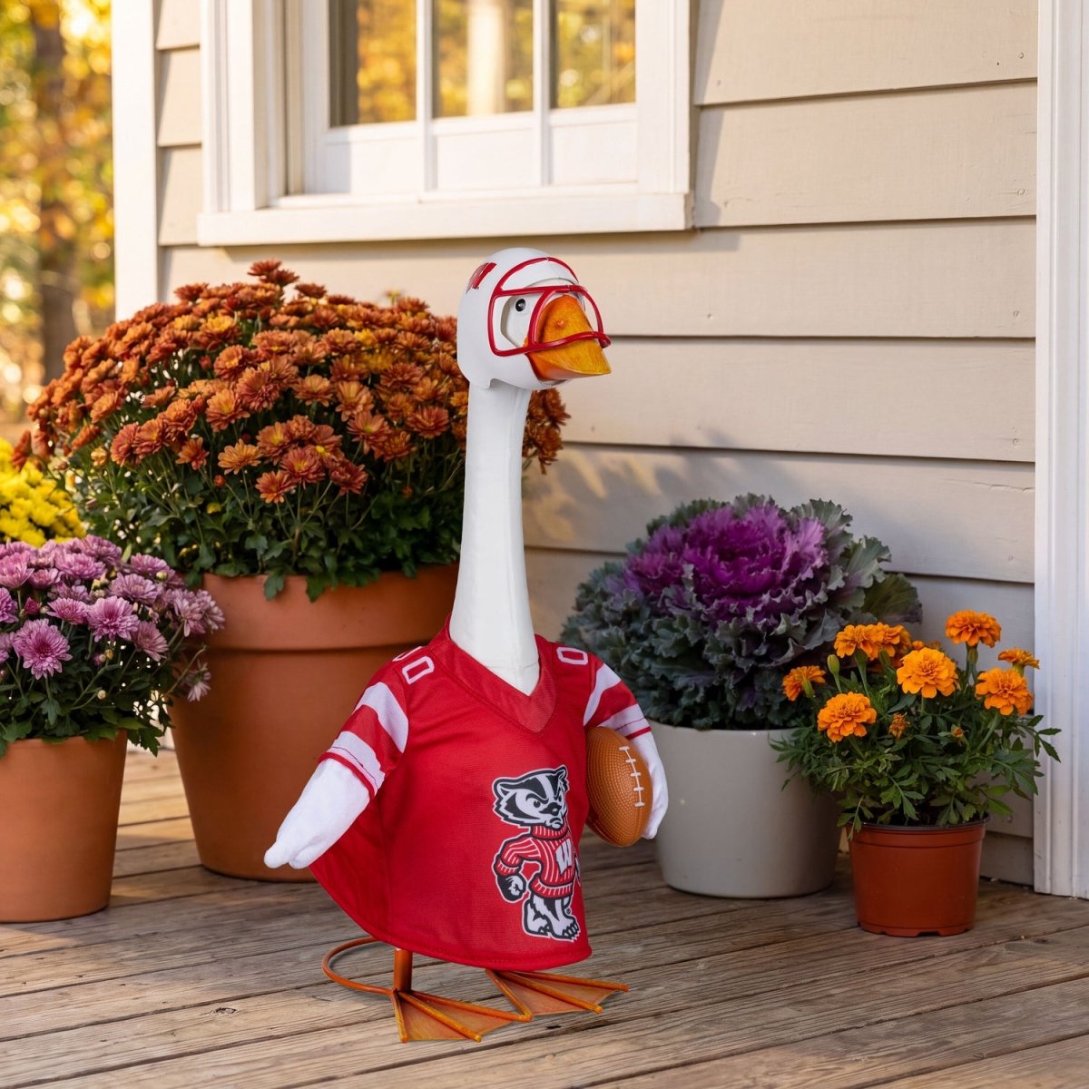Porch goose in a University of Wisconsin-Madison sports uniform