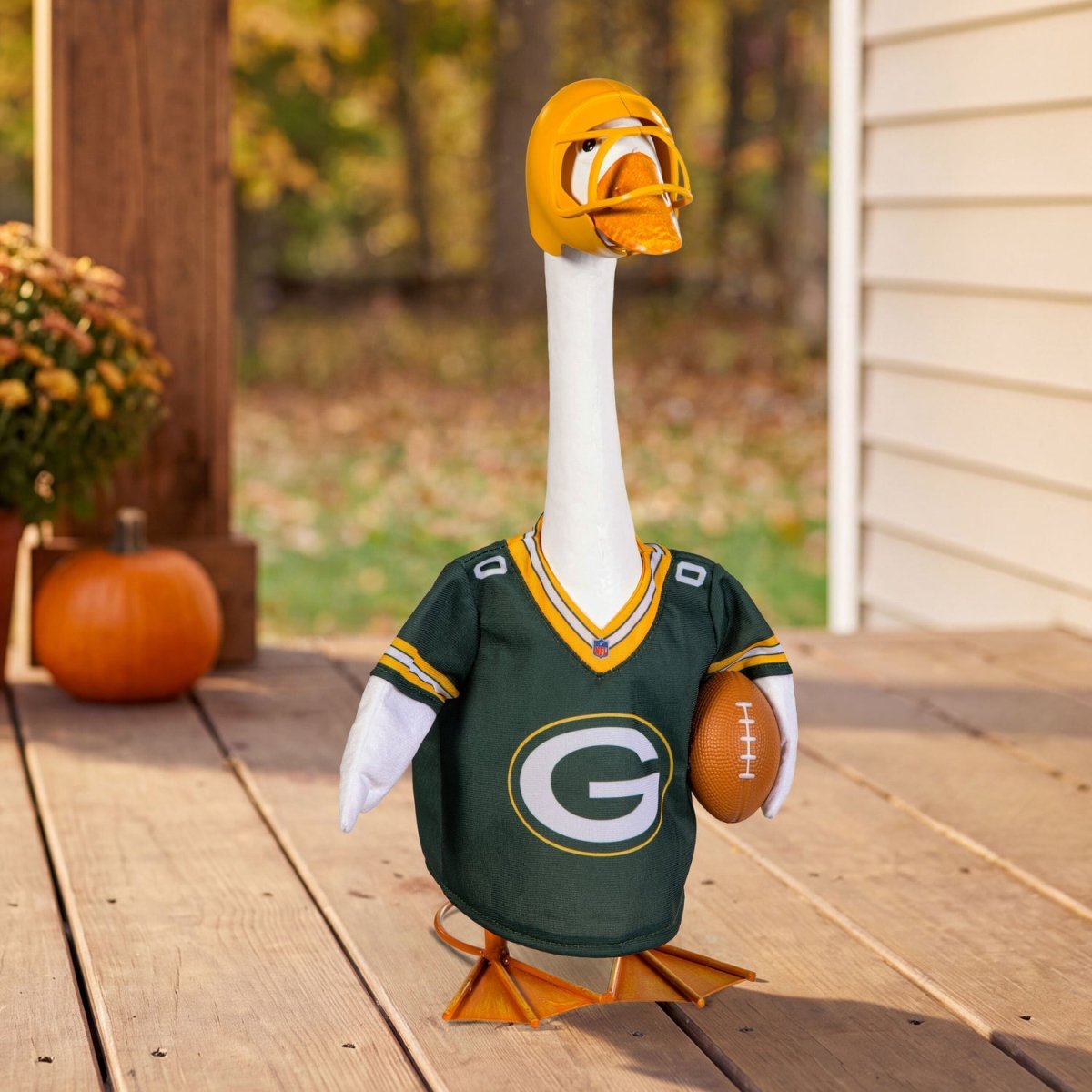 Porch goose in a Green Bay Packers sports uniform